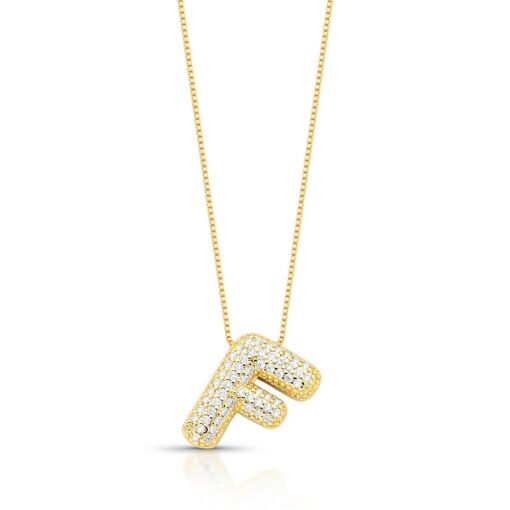 COLAR COM PINGENTE DE LETRA "F" CRAVEJADO BANHADO A OURO