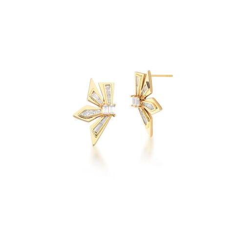 BRINCO FLOR COM ZIRCÔNIAS BAGUETES BRANCOS BANHADO A OURO