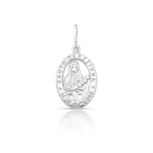 PINGENTE OVAL IMAGEM SANTA TEREZINHA LISO PRATEADO