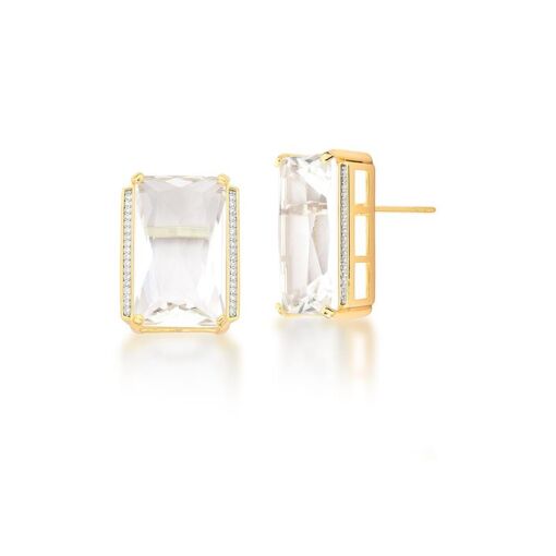 BRINCO COM CRISTAL RETANGULAR TRANSPARENTE BANHADO A OURO