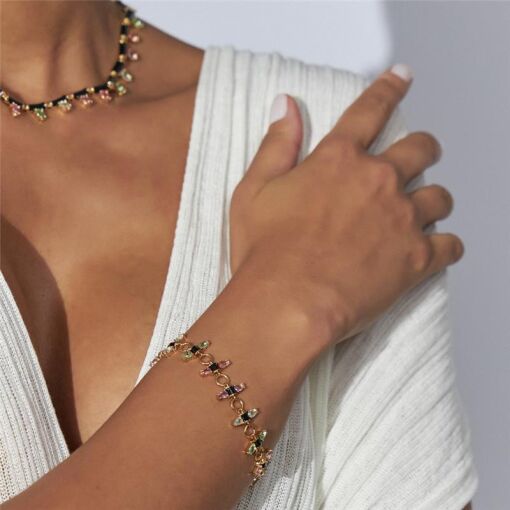 PULSEIRA ESMALTADA E COM CRISTAIS COLORIDOS BANHADO A OURO