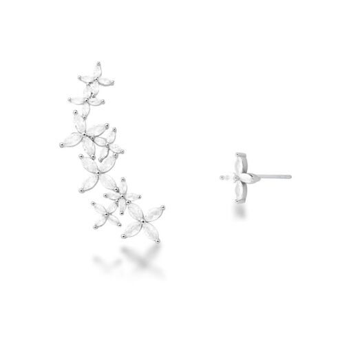 BRINCO EAR CUFF E ASSIMÉTRICO DE FLORES BANHADO A RÓDIO