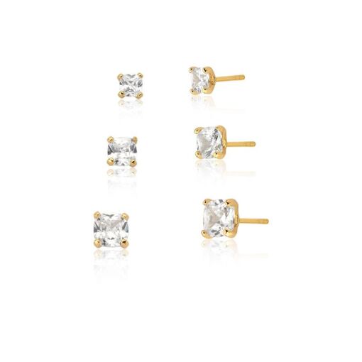 KIT TRÊS PARES DE BRINCO COM CRISTAIS QUADRADOS FOLHEADO A OURO