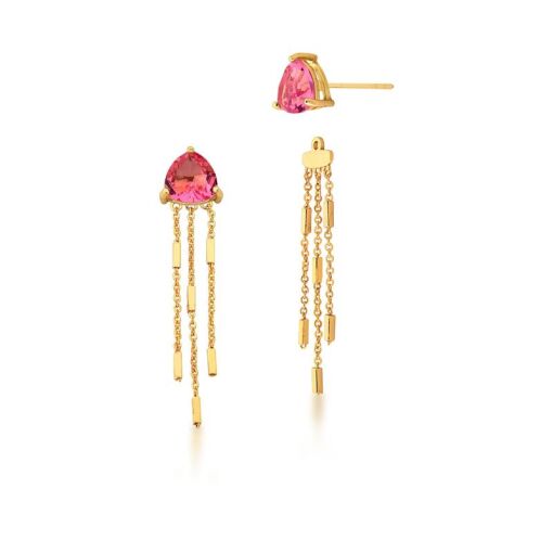BRINCO 2 EM 1 COM CRISTAL TRIANGULAR NA COR PINK BANHADO A OURO