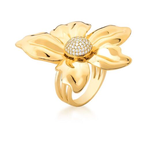 ANEL FLOR COM ZIRCÔNIAS BRANCAS BANHADO A OURO