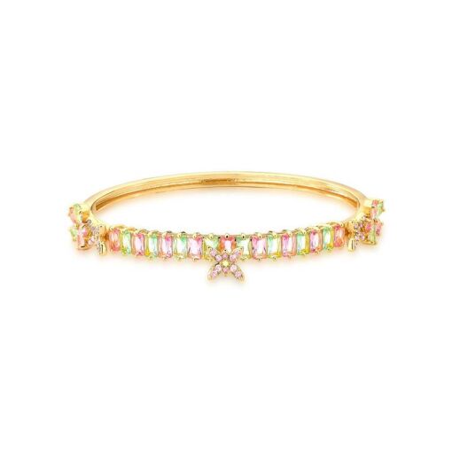 BRACELETE COM CRISTAIS RETAGULARES E FLORES BANHADO A OURO