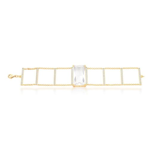 PULSEIRA COM CRISTAL RETANGULAR TRANSPARENTE BANHADO A OURO