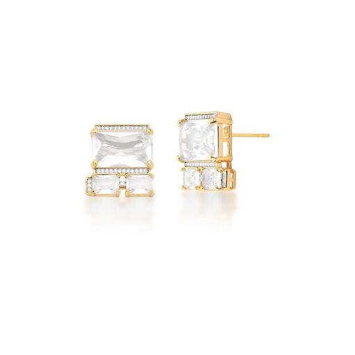 BRINCO RETANGULARES TRANSPARENTE BANHADO A OURO