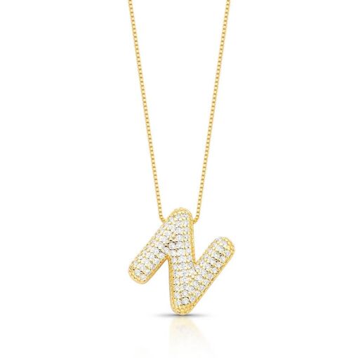 COLAR COM PINGENTE DE LETRA "N" CRAVEJADO BANHADO A OURO
