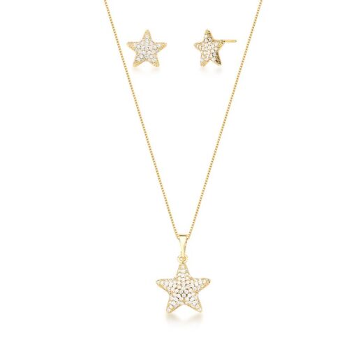 CONJUNTO COLAR E BRINCO DE ESTRELA CRAVEJADO BANHADO A OURO