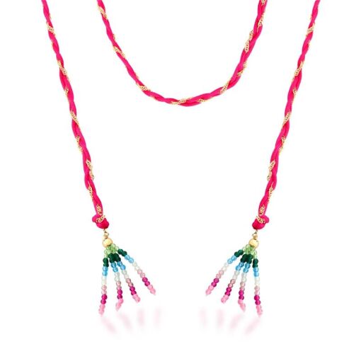 COLAR FIO ENCERADO NA COR PINK CRISTAIS BÚLGAROS BANHADO A OURO