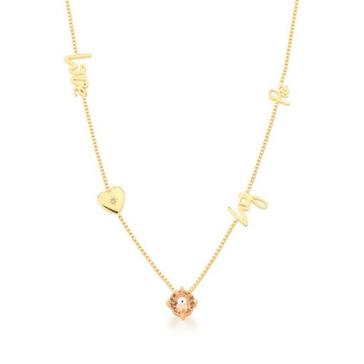 COLAR COM ESCRITAS E OLHO COM CRISTAL MORGANITA BANHADO A OURO